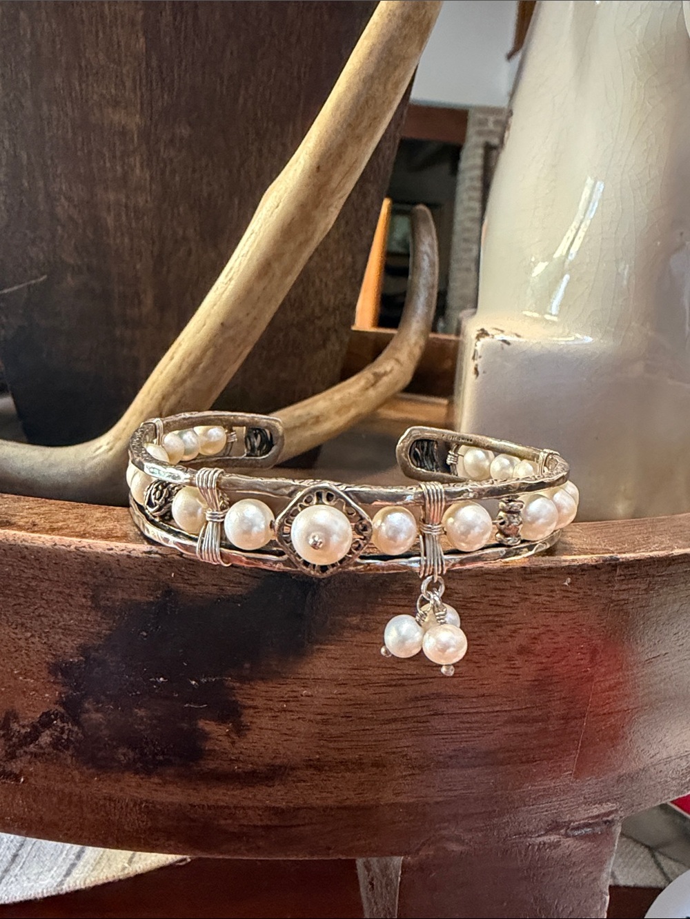 SILPADA Silver Pearl Accent Cuff Bracelet - White Pearls